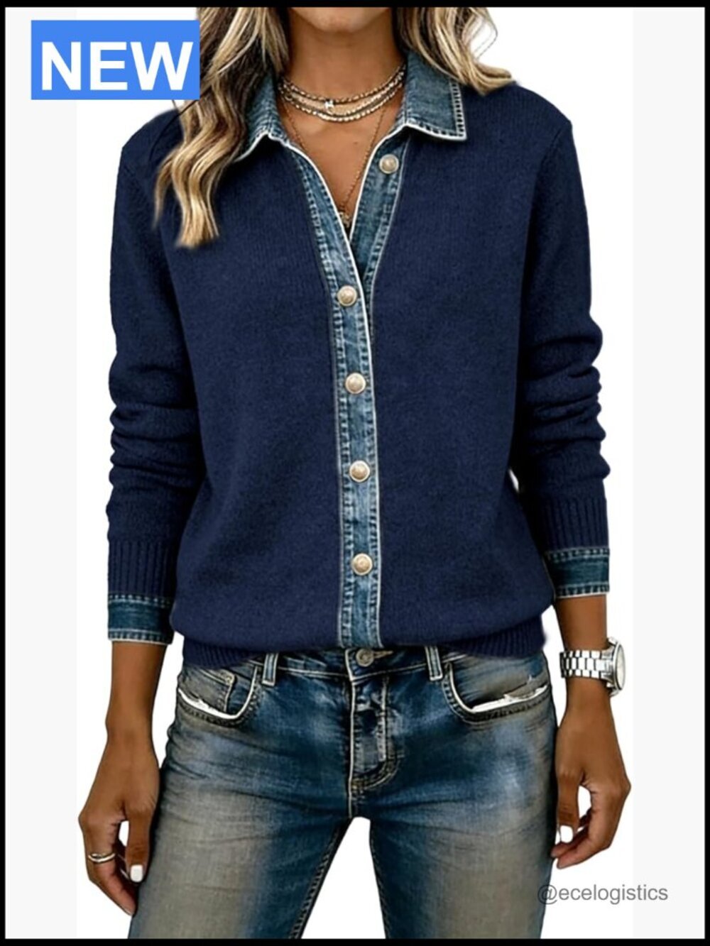 Denim Patchwork Trim Knitted Cardigan Long Sleeve Button Front Sweater